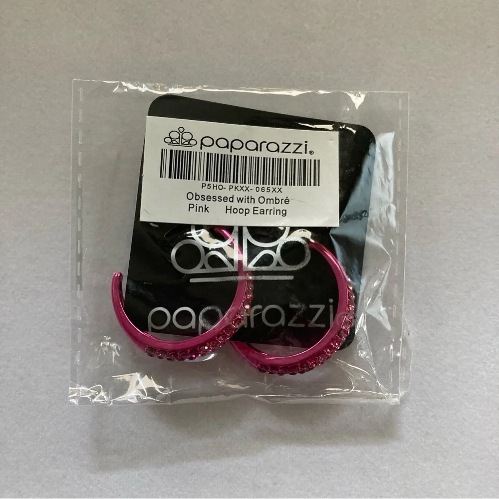 Paparazzi Pink Rhinestone Hoops - Picture 7 of 11